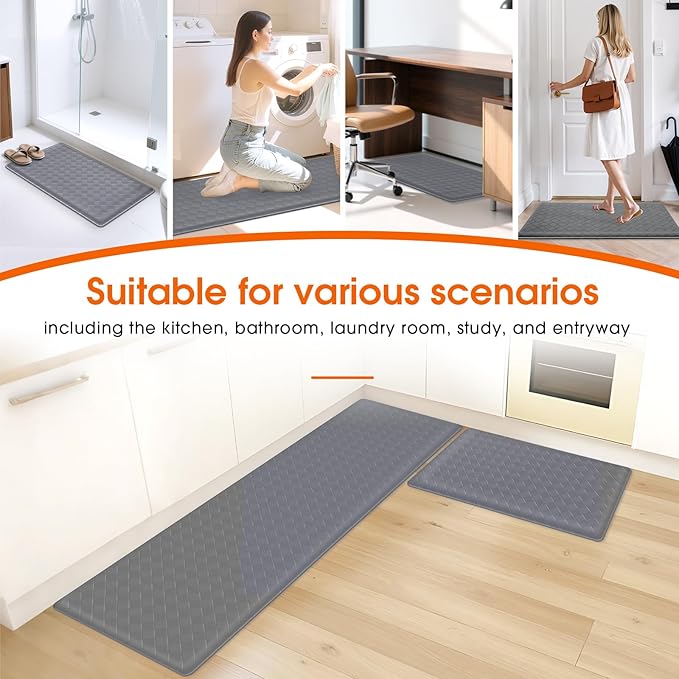 TranquilRelax Kitchen Mats, 2PCS Kitchen Rugs, Cushioned Anti Fatigue Kitchen Mats for Floor, Non-Slip Standing Desk Mat, Waterproof Kitchen Rug Set for Kitchen Floor Office,17.3"×30"+17.3"×59" Grey