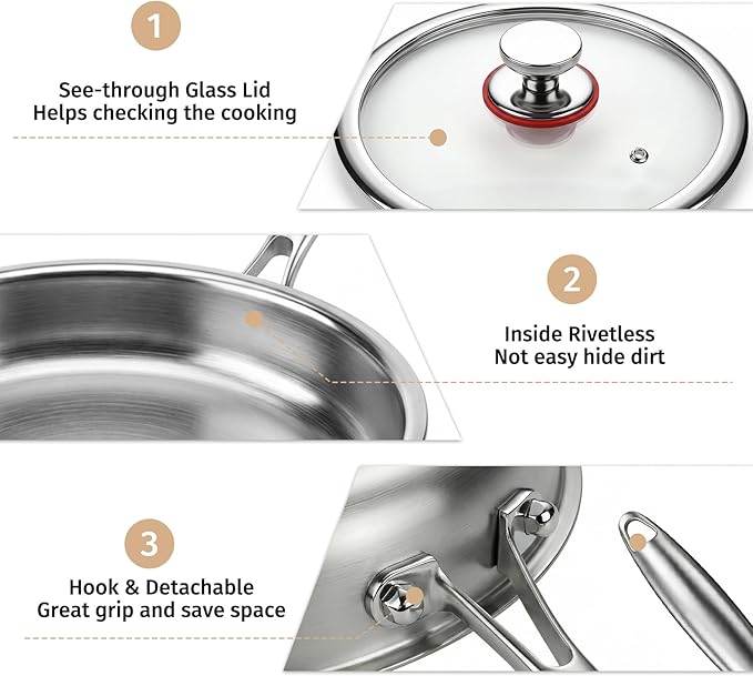 Tri-Ply Stainless Steel Frying Pan Set With Lids, 13pcs Stainless Steel Cookware Set with Detachable Handle, Induction Compatible Skillets for All Stovetops, Dishwasher and Oven Safe, Sliver