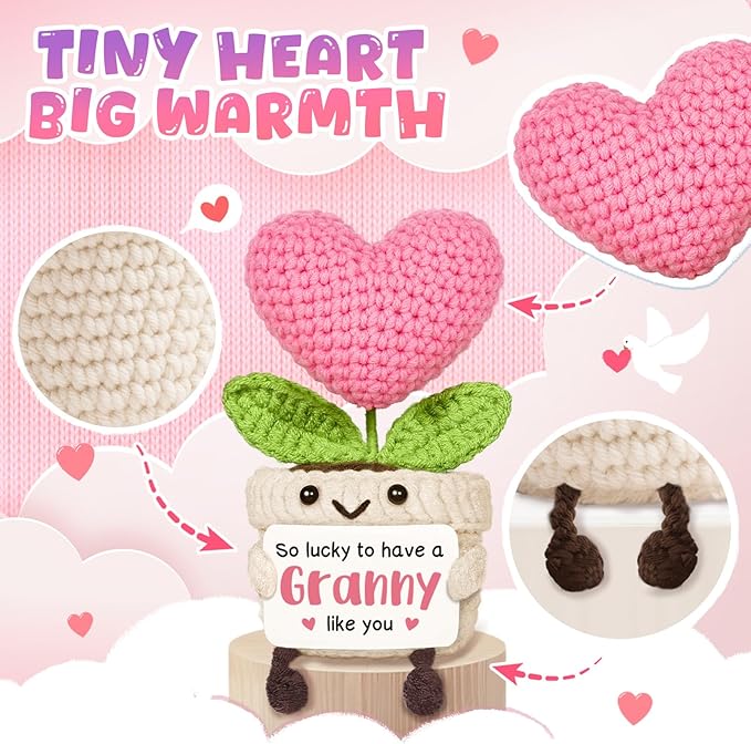Cute Granny Gifts, Mini Handmade Crochet Pink Heart Flower, Birthday for Granny, Grandma Gift from Granddaughter or Grandson
