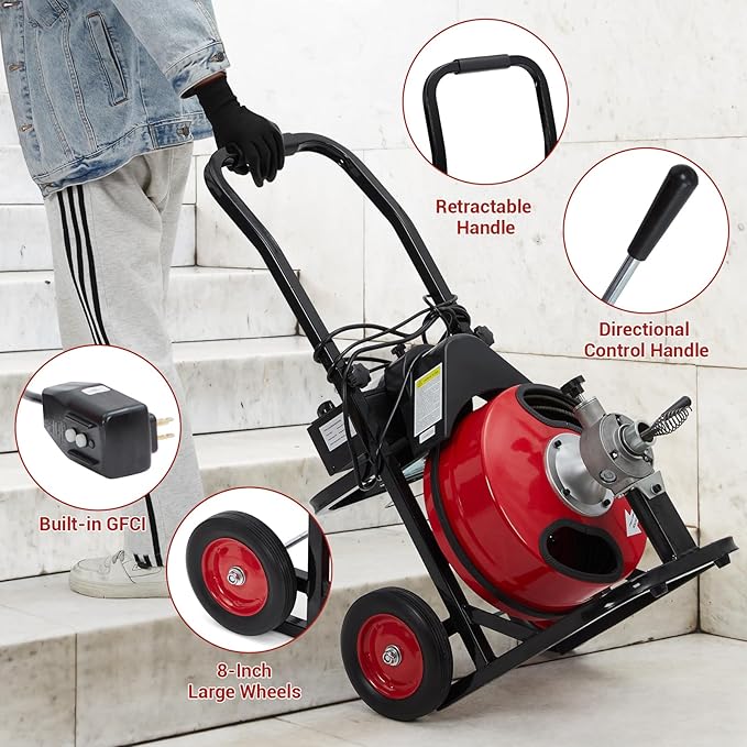Auto Feed 100'x 3/8" 250w Drain Cleaner Machine, Automatic Feed Drain Cleaning Machine with 8 Multi-Style Cutters & Shock-Absorbing Wheels for Toilet/Sink/Pipe Clogs