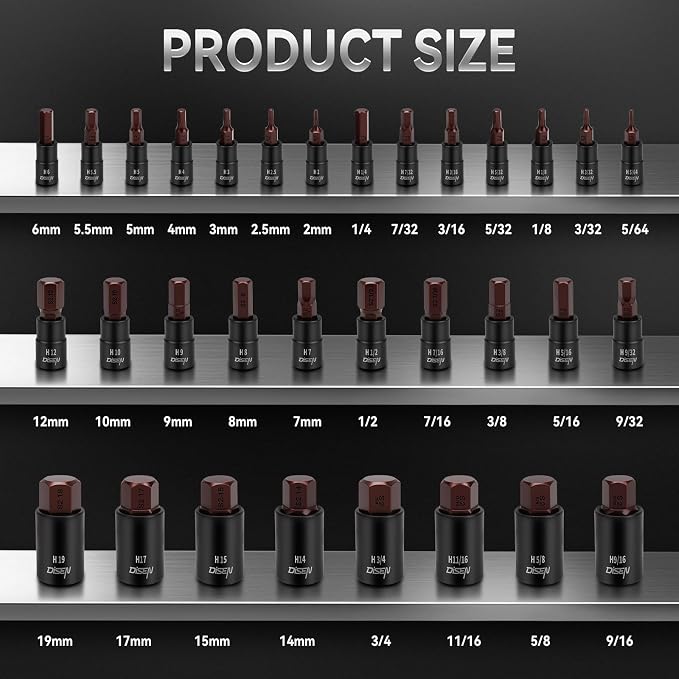 DISEN 32-Piece HEX Bit Socket Set, SAE & Metric Allen Wrench Socket Set with Enhanced Storage Case, Premium Heat Treated Chrome Vanadium Steel & S2 Alloy Steel