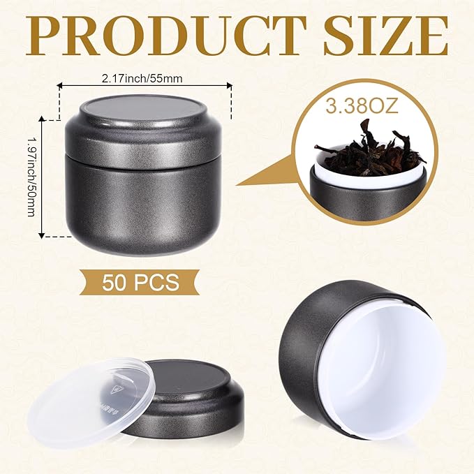 Suclain 50 Pack Small Tea Tin Canisters Bulk with Airtight Double Lids 3.4 oz Mini Leaf Tea Storage Containers Round Metal Tinplate Kitchen Teas Tin Can Box for Loose Teas Coffee Herbs Spices(Gray)
