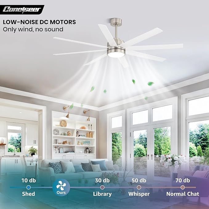 Conciseer 65 Inch Ceiling Fans with Lights and Remote for Bedroom Living Room Kitchen Office, Indoor/Outdoor Use, 6CCT Dimmable, 8 Blades 6 Speed Reversible Quiet DC Motor, Sand-nickel/White