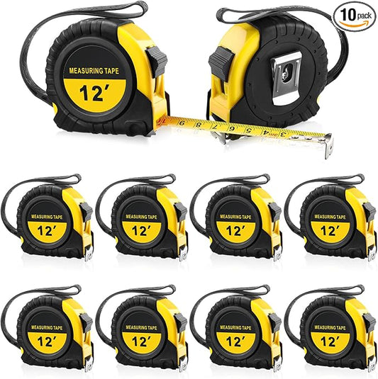 10 Pieces Tape Measure 12 ft Retractable Measuring Tape Bulk with Fractions Marked Easy Read Yellow Measuring Tape Bulk Set for Engineer Contractors, Autowind and Lock