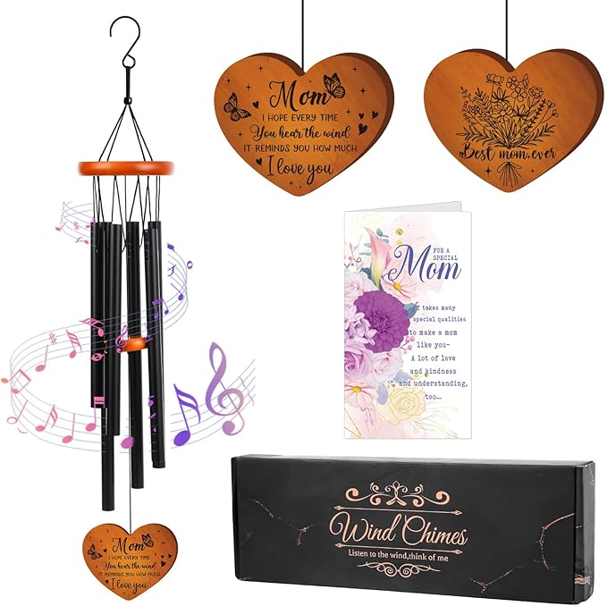 Mom Gifts Wind Chimes for Outside – Wind Chimes with Engraved Wooden Pendant for Mother, Mothers Day Birthday for Mom from Daughter Son, Garden Patio Hanging Keepsake Decor