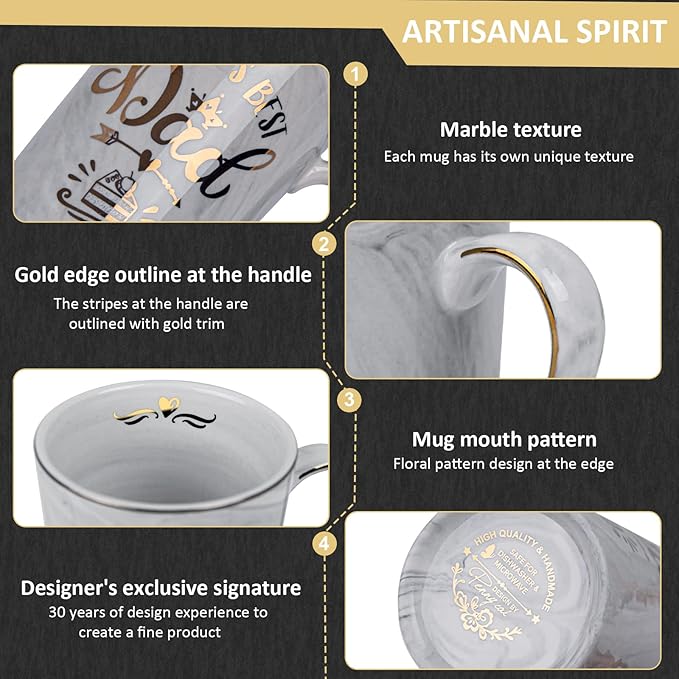 Birthday Gifts for Dad from Daughter, Son or Wife, Worlds Best Dad Mug – 14Oz Unique Grey Marble Coffee Cup with Gold Print, Funny Christmas Fathers Day Present, with Lid, Spoon, Card, Luxury Gift Box