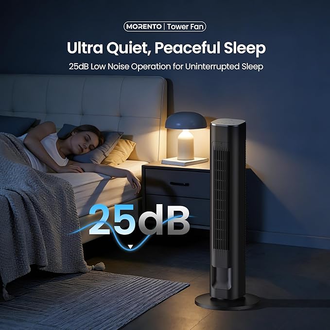 MORENTO Tower Fan for Bedroom, 36" Smart Standing Fan with WiFi APP Voice Control, 4 Modes 4 Speeds, 90° Oscillating, 12H Timer & 25dB Ultra Quiet Safe Bladeless Floor Fan with Remote, Black, 1 Pack