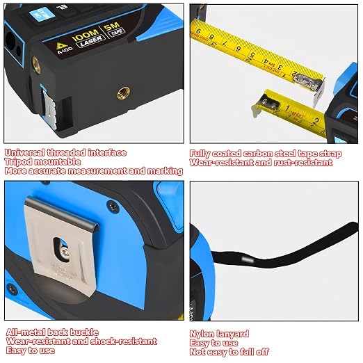 tape measure 4-in-1 laser Digital Measuring Tape & 60m/197ft Laser Distance Meter & with 16ft/5m & Crosshair markings & Dual-axis electronic level,Display On Backlit LCD Screen