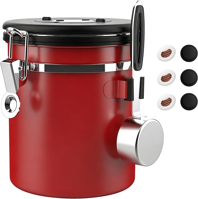 ShanSon Coffee Canister Airtight Coffee Container Stainless Steel Coffee Bean Storage Container with Scoop Coffee Canister for Beans Grounds Sugar Flour Tea Cereal,16OZ,Red