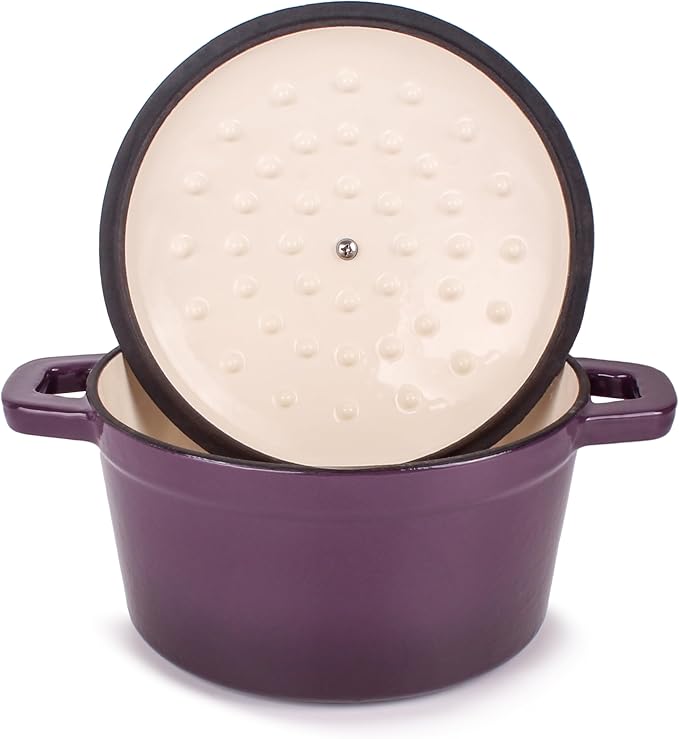 BergHOFF Grill Pan 11 inches, Fry Pan 10 inches, 3qt. Dutch Oven, Matching Lid, Fast, Evenly Heat, Oven Safe, Neo 4Pc Enameled Cast Iron Cookware Set, Purple