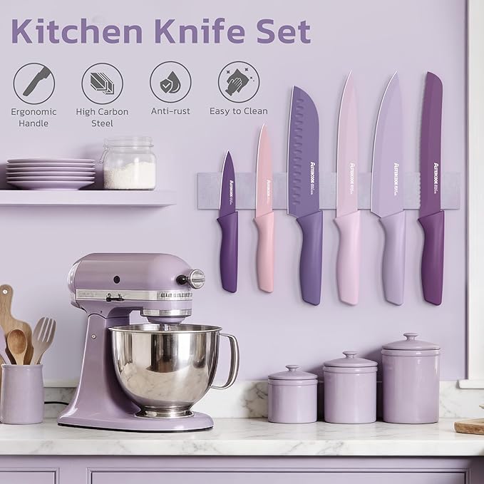 Astercook Knife Set, 13 Pieces Kitchen Knives Set with Healthy Anti-Rust Coating, Dishwasher Safe, Stainless Steel Chef Knife Sets with 6 Blade Guards, Perfect Mothers Day Gifts for Kitchen Purple