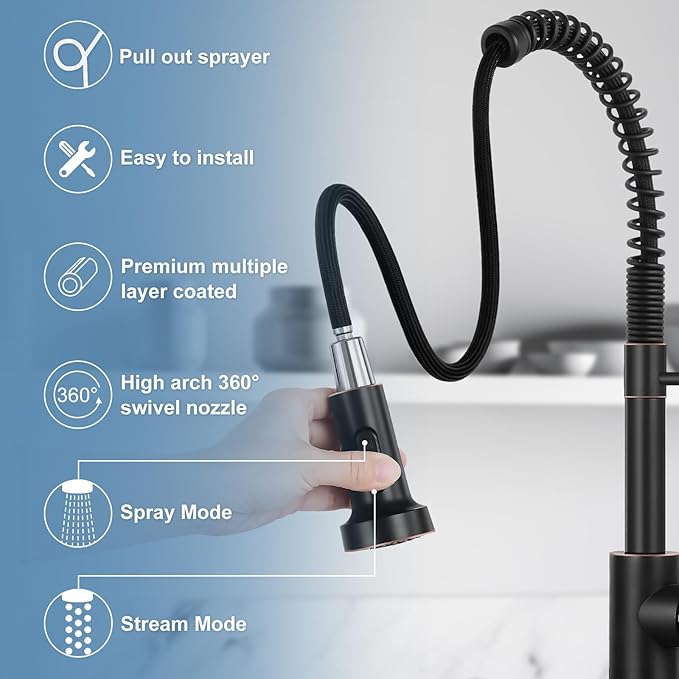 DJS Kitchen Faucets with Pull Down Sprayer Oil Rubbed Brozone -Single Handle 1 or 3 Holes Spring Kitchen Sink Faucet with Deck Plate for Farmhouse RV Vessel Basin