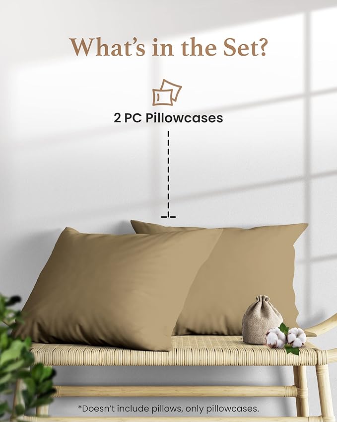 1000 TC Taupe Standard Pillowcases Set of 2 100% Egyptian Cotton Pillow Cases with Long Staple Cotton & Sateen Weave, Silky Soft Hotel - Like Bed Pillow Covers for Comfy Sleeping, Snug Fit
