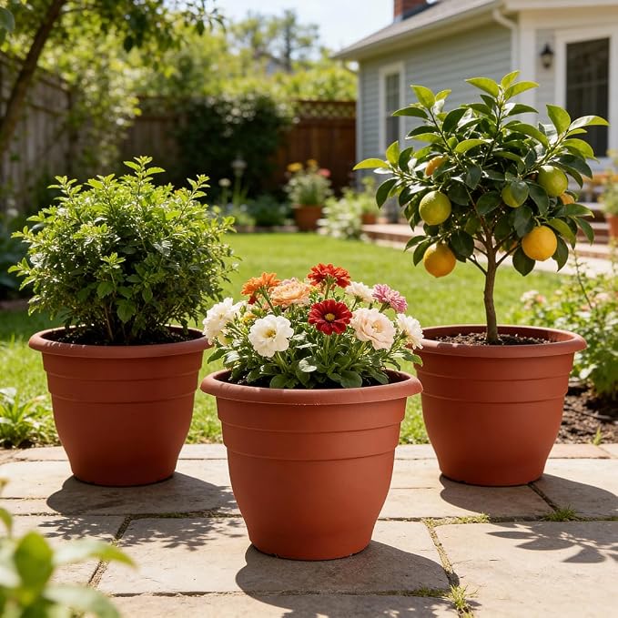 RooTrimmer 3-Pack 16 Inch Large Outdoor Plastic Plant Pots with Drainage Holes – Durable,Lightweight & Weather-Resistant Flower Planters for Patio,Garden,Balcony (Pottery Red)