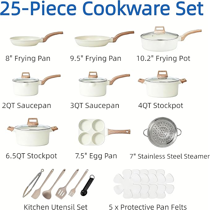 Simple Deluxe 25Pcs Ceramic Cookware Set, Nonstick & Non-Toxic Healthy Pots and Pans, Heat-Resistant Handles, Induction Cookware Sets with Frying Pans, Beige