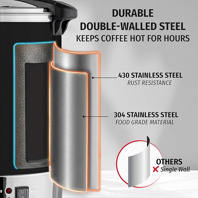 Zulay Commercial Grade 100 Cup Coffee Maker Hot Water Urn - Large Percolator Pot Dispenser With Double-Wall Stainless Steel, Quick Brew, Stays Hot for Tea & Beverage at Events & Catering - Black