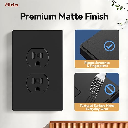 AIDA 4 Pack Matte Black Standard Duplex Electrical Wall Receptacle Outlet, 15A 125V, 2 Pole 3 Wire, Tamper Resistant, NEMA 5-15R, Self-Grounding, Wall Plate Included, UL Listed
