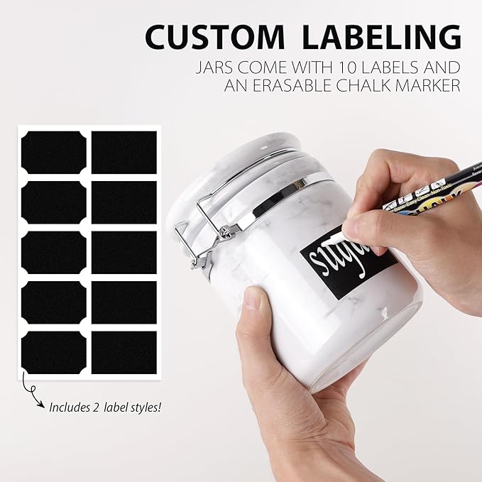 4-Piece Airtight Ceramic Canisters Set with Wooden Spoons & Chalk Labels – Perfect for Coffee, Sugar, Flour, Tea (Marble) – Stylish & Leakproof Kitchen Storage