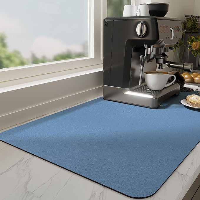 Ecotrim Absorbent Coffee Mat , Stain Hiding PU Leather Surface, Non-Slip Natural Rubber Backing, Quick Dry Mat for Espresso Machine, Kitchen Counter ,Blue | 16" x 24"