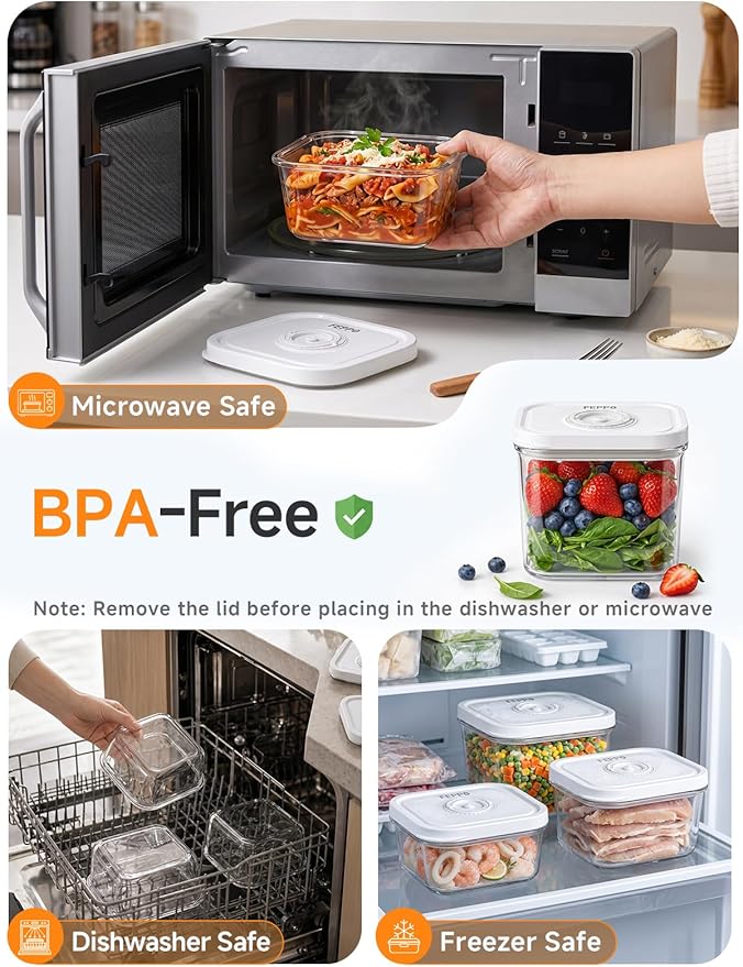 FEPPO Vacuum Sealers Containers for Food Storage, 3 Pcs Set [1* Small, 1* Medium, 1* Large] Works with Handheld Compact Vacuum Sealer Machine for Fridge, Freezer & Pantry, BPA-Free, Date Tracking Lid