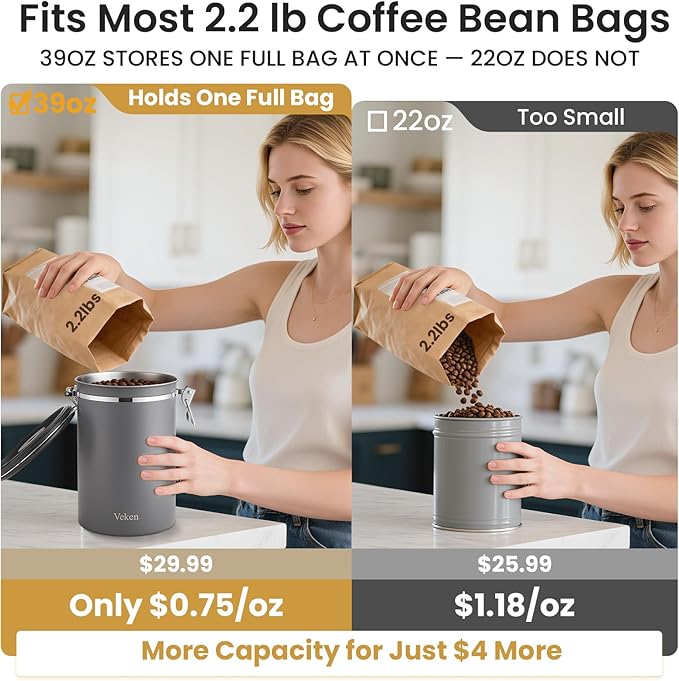 Veken Coffee Canister, 39OZ Large, Airtight Stainless Steel Food Storage Container for 2.2lbs Coffee Beans,Ground, Sugar,Espresso,Rice,Tea,Flour, Cookie, Jars,Home Kitchen Bar Accessories, Gifts,Gray