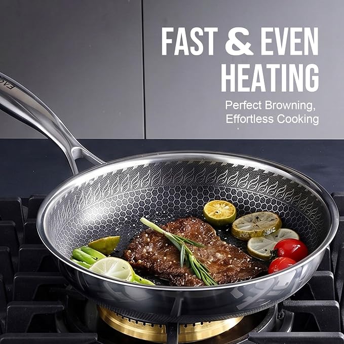 8 Inch Hybrid Nonstick Frying Pan, Stainless Steel Pan Non Stick Skillet, PFOA Free Cookware, Non Toxic Chef's Pan, Compatible with Electric, Gas and Induction, with Lid
