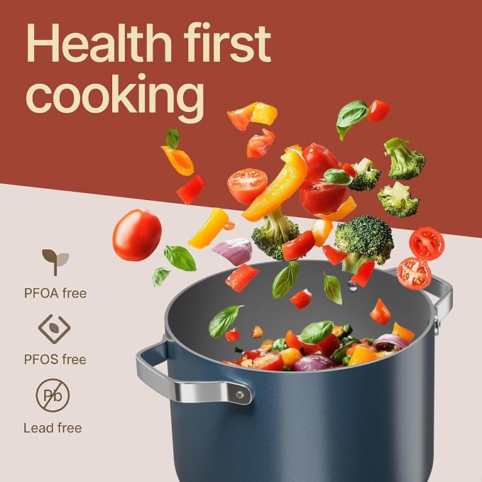Bakken 5 Quart Ceramic Coated Stock Pot with Lid, Easy to Clean Nonstick Pot, Tempered Glass Lid, Riveted Stainless Steel Handles, Oven Safe Up To 500°F, PTFE & PFAS Free, All Stove Compatible, Blue
