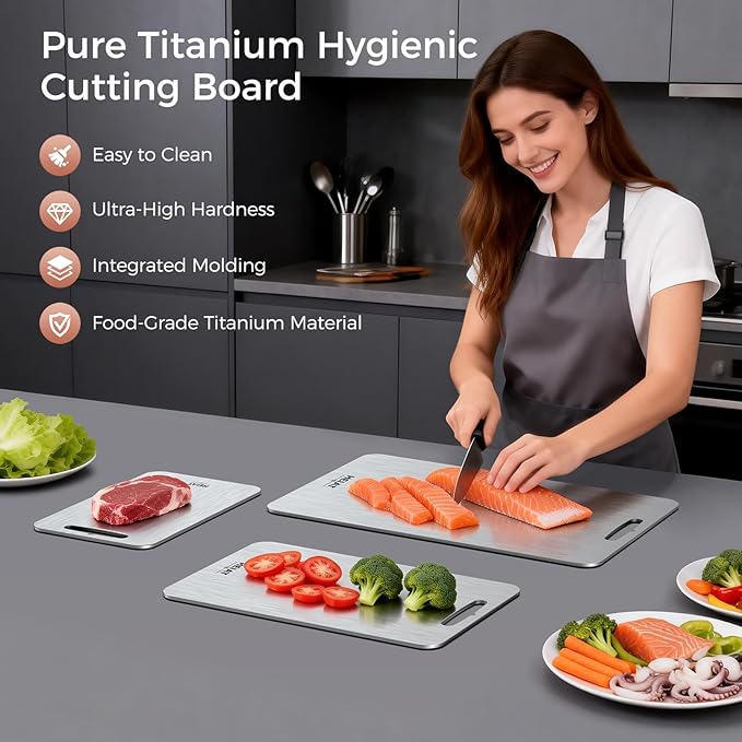 Titanium Cutting Board Set of 3, 100% Pure Titanium Cutting Boards for Kitchen, Non-Toxic, Double-Sided Chopping Boards for Raw & Cooked Food, Handles Included, Dishwasher Safe(M+L+XL)