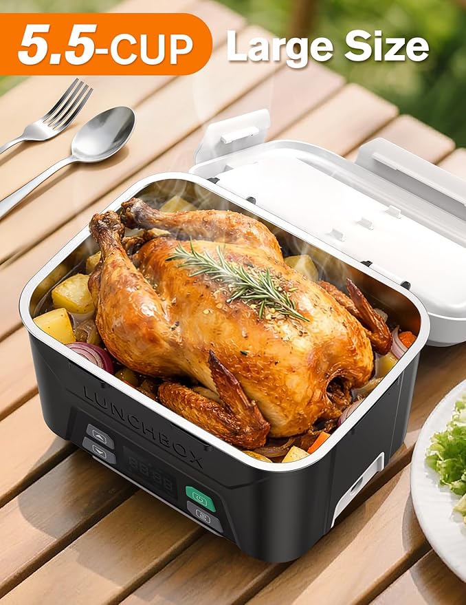 EAST OAK 5.5-Cup Cordless Electric Lunch Box for Adults, Heated Lunch Box for Men with Scheduled Heating, Portable Car Food Warmer with Utensils, One-Tier Bag, Removable Divider