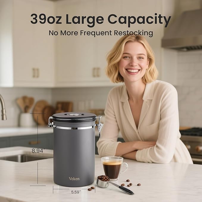 Veken Coffee Canister, 39OZ Large, Airtight Stainless Steel Food Storage Container for 2.2lbs Coffee Beans,Ground, Sugar,Espresso,Rice,Tea,Flour, Cookie, Jars,Home Kitchen Bar Accessories, Gifts,Gray