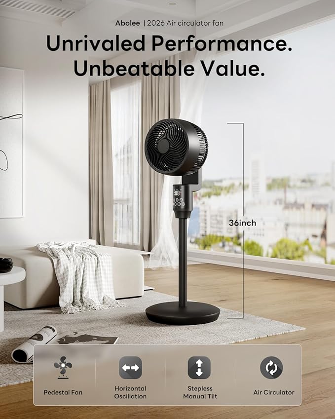 Abolee Pedestal Fan for Bedroom, 100ft Air Circulator Quiet Standing Fan, DC Motor, 4 Speeds & 4Modes, 24H Timer, 70°+90°Oscillation,Remote Control,Floor Fan for Bedroom Living Room Kitchen, Black