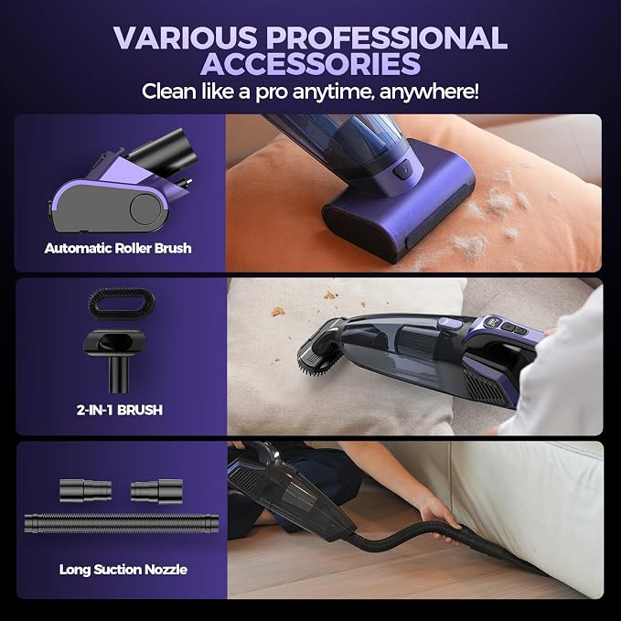 Pet Hair Handheld Vacuum Cordless: 20000PA Rechargeable Car Vacuum Cleaner | High Power Vacuum with Motorized Brush and LED Light, Hand Vacuum Cleaner with Reusable Filter for Car, Home, Office & Pet
