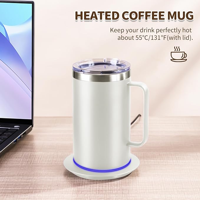 DEQIANG Self Heating Coffee Mug, Heated Coffee Mug with Smart Mug Warmer & Ergonomic Handle, Auto Heat to 131°F, USB-Powered Desk Warmer for Office Home Use, Ideal Coffee Lovers Gift (17oz White)