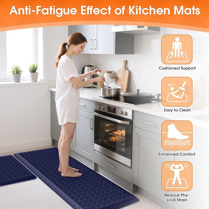 TranquilRelax 4/5 Inch Thick Anti-Fatigue Kitchen Mats 2Pcs, Cushioned Non-Slip Waterproof Sink & Stove Floor Mats, Comfortable Standing Rug Set for Kitchen, Laundry & Entryway, Blue