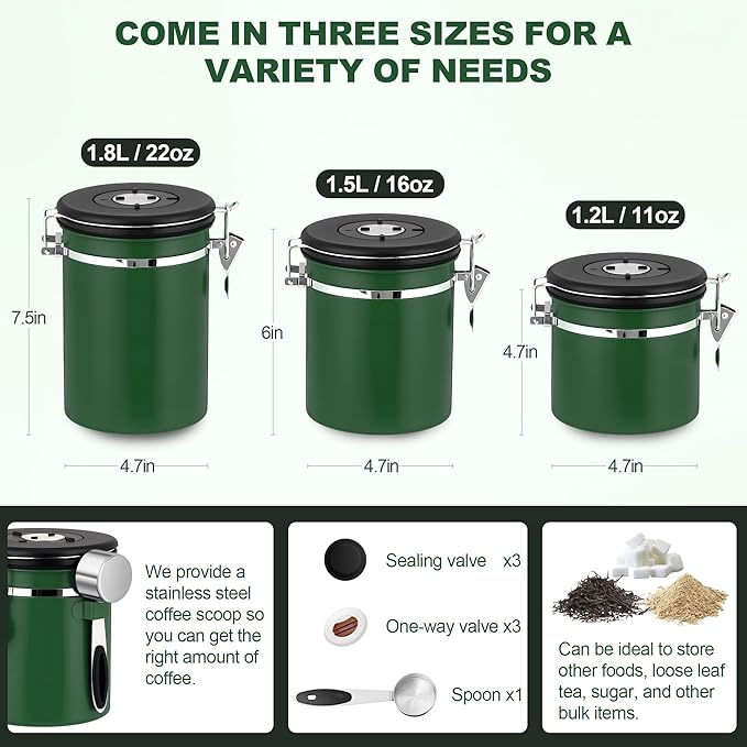 ShanSon Coffee Canister Airtight Coffee Container Stainless Steel Coffee Bean Storage Container with Scoop Coffee Canister for Beans Grounds Sugar Flour Tea Cereal,22OZ, Dark Green