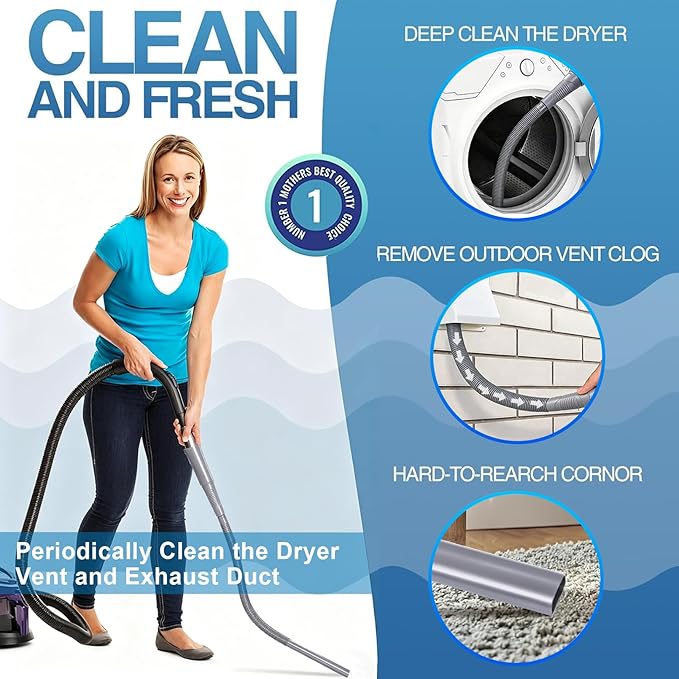3 Pieces Dryer Vent Cleaner Kit: Vacuum Hose With Brush & Gloves Fits for Vacuums Cleaner, Refrigerator Condenser Coils, and Tight Spaces Behind Appliances, Deep Cleaning Tools for Clogged Ducts-Gray