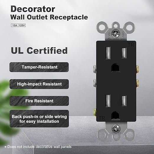 Micmi Decorator Receptacle Outlet, Standard Electrical Wall Tamper Resistant Decorative Receptacle Outlet, 15 Amp 125 Volt, Grounding UL Listed (50Pack, Black, 15 Amp Outlet)