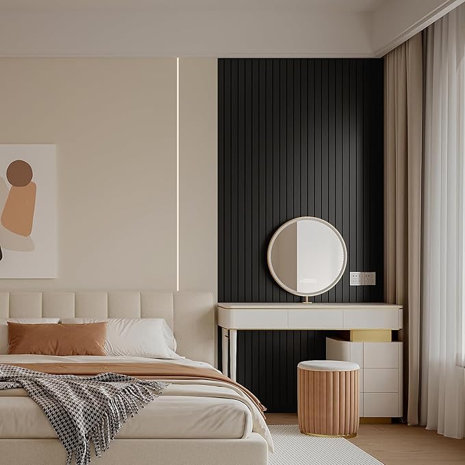 YLL YLL PVC Slat Wall Panel Peel and Stick 236"x 15.7" Faux Black Wood Grain Slat Panel Self-Adhesive Wallpaper Soundproof 3D Wall Panels