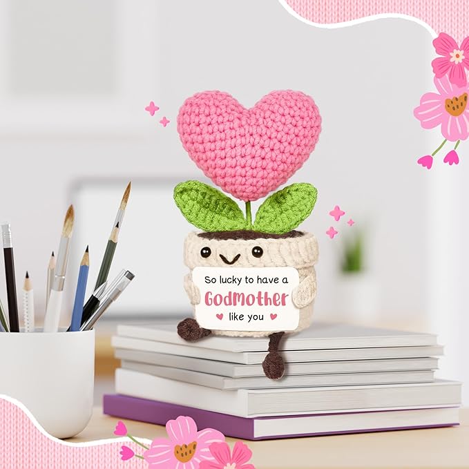 Godmother Gift, Godmother Proposal Gift, Thank You Message from Godchild, Cute Handmade Crochet Mini Pink Heart Flower Madrina Gifts