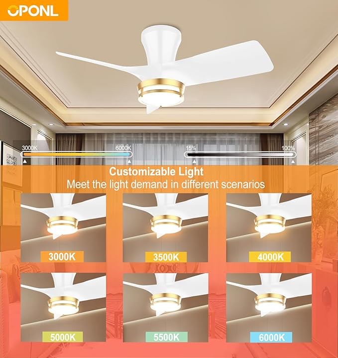 OPONL 30 Inch White Ceiling Fan with Light, with Gold Trim Ring, Large Air Volume, flush mount ceiling fan for Bedroom Kitchen Dining room Patio