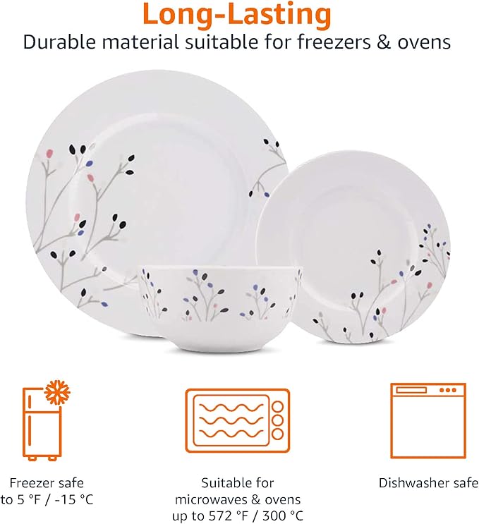 Amazon Basics 18-Piece Complete Kitchen Dinnerware Set, Microwave and Dishwasher Safe, Plates, Dishes, Bowls, Service for 6, Branches