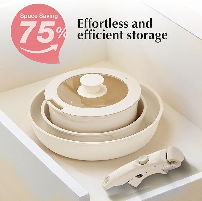 White Non-Stick Ceramic Cookware Set, 5-Piece Pots and Pans Set with Detachable Handles, Perfect for Everyday Cooking, RV Camping, and Compact Kitchens, Induction Compatible, PFOA & PTFE Free