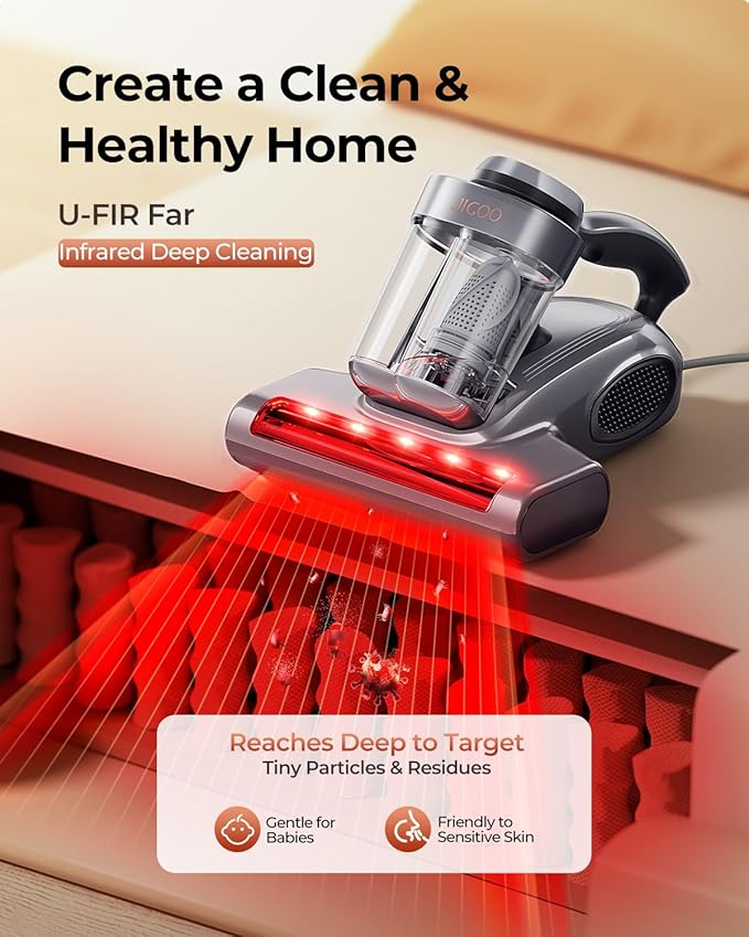 JIGOO J300 Pro Matture Vacuum Cleaner with 14Kpa 550W Powerful Suction, Infrared, UV & Heating Tech for Deep Cleaning, Anti-Allergen Bed Vacuum with Dust Sensor & Plant Fragrance for Bed, Sofa, Crib