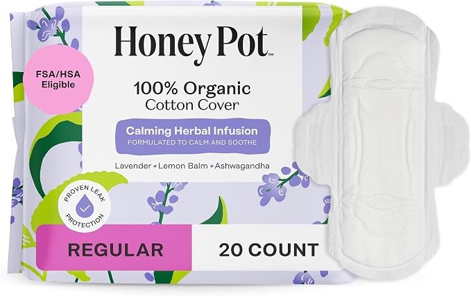 The Honey Pot Company - Calming - Regular Pads for Women | 100% Organic Cotton Cover - Calming Herbs of Lavender, Ashwagandha, & Lemon Balm - Pads w/Wings - Feminine Care - 20ct