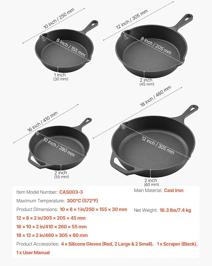 VEVOR Cast Iron Skillet, 4-Piece Frying Pan Set (6, 8, 10, 12 in), Skillets with Heat-Resistant Silicone Handle, Pre-Seasoned Chef's Pan, Kitchen Cookware, for Oven, Gas, Electrical, Induction, Black