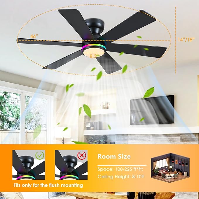 Asyko 46" Black RGB Ceiling Fans with Lights and Remote,Low Profile Ceiling Fans with Quiet Reversible DC Motor,Small Modern Flush Mount Ceiling Fan Light for Bedroom Kids Room