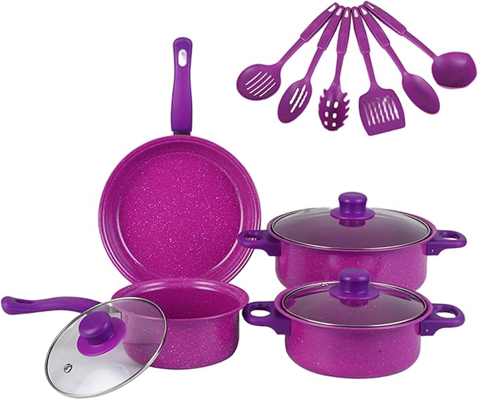 Nonstick Cookware Set, 13-piece Nonstick Cookware Set, Non Stick Pots and Pans with Frying Pan, Saucepans, Milk Pot & Utensils for Home Cooking, Purple