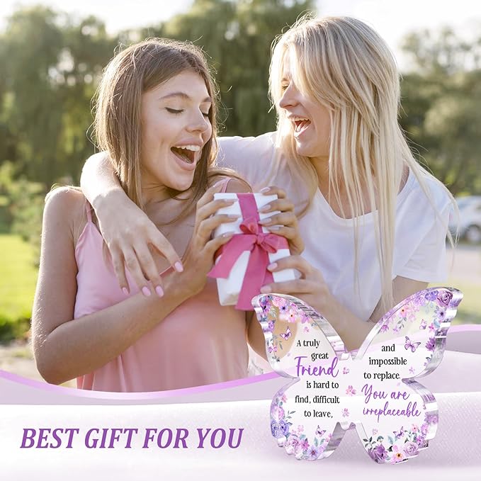 Friend Friendship Gifts for Women, Purple Butterfly Acrylic Plaque Desk Decor, Gifts for Friends Women Unique, Bestie Best Friendship Female Present, 5 x 3.8 x 0.5 inches