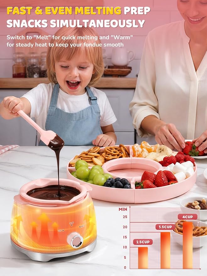 Electric Chocolate Fondue Set, 4-Cup Chocolate, Rotating Tray | Melt & Warm Modes, Dual Silicone Inserts, 6 Color-Coded Forks, Easy-Clean, Ideal for Candy Melts, Couple Family, Movie Night