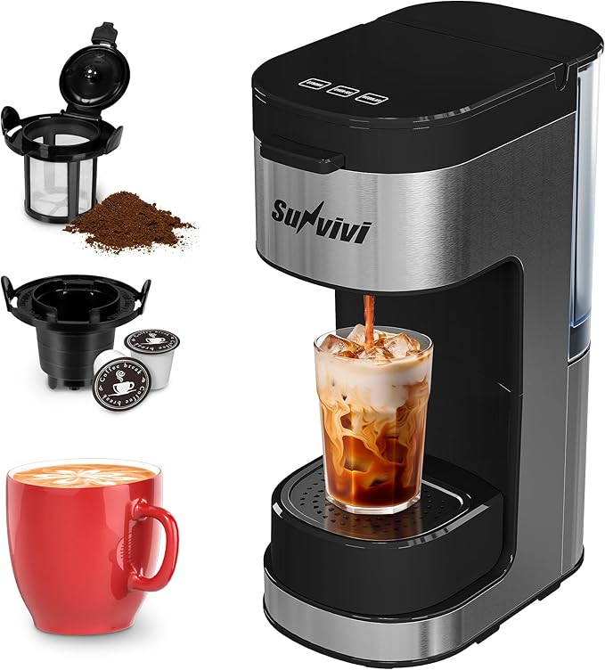 SUNVIVI Iced & Hot Coffee Maker: Single Serve Coffee Maker with 3 Brewing Options for K Pod, Ground Coffee & Tea, Removable Water Reservoir & Reusable Filter, Ideal for Home & Office, Black